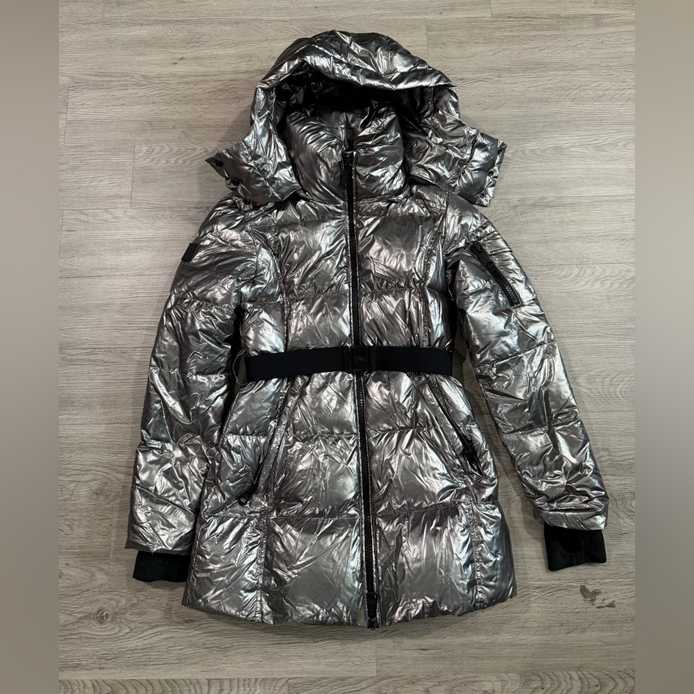 Sam Girls Metallic Silver‎ Hooded Puffer Coat with Belt